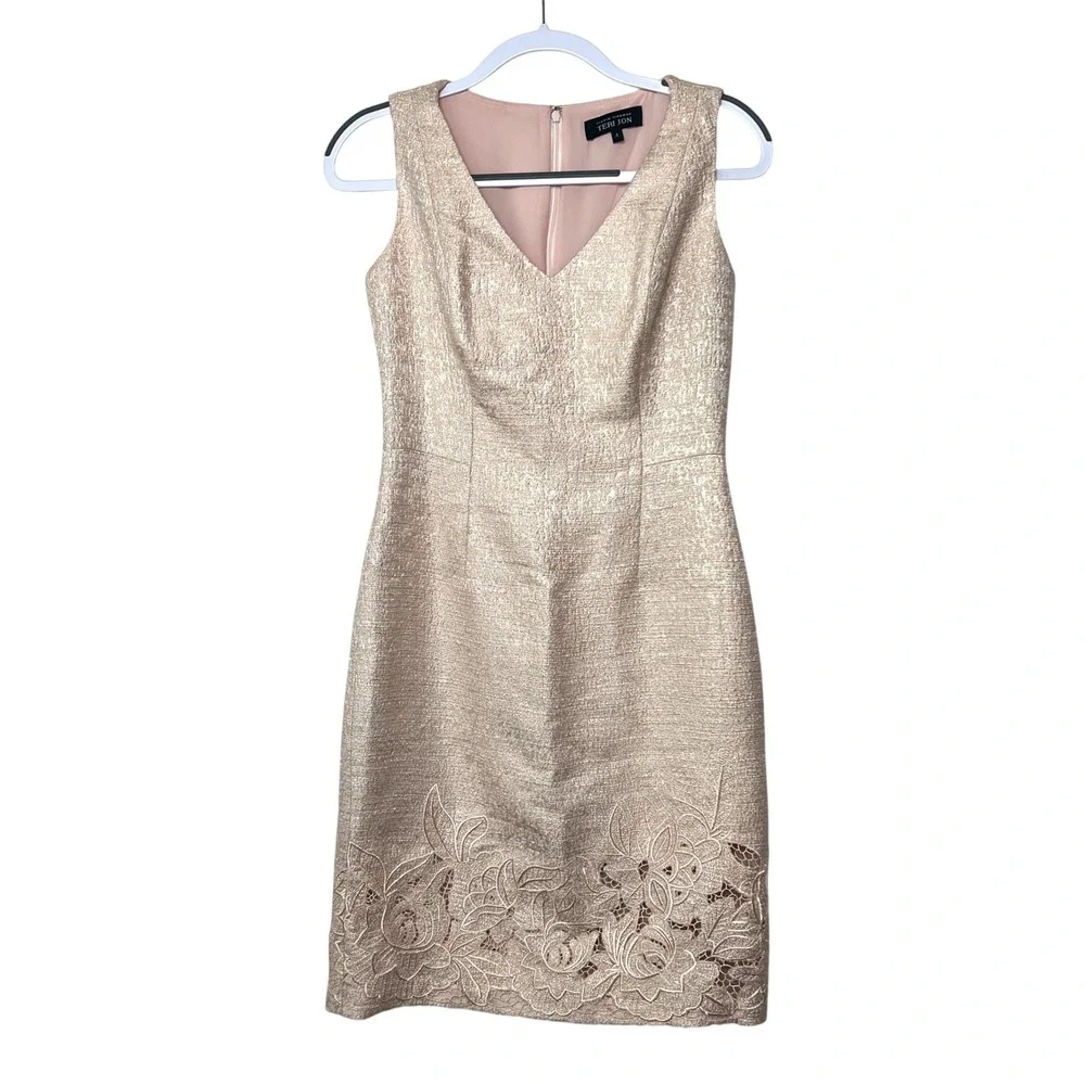 Rickie Freeman Teri Jon Metallic Pink Gold Dress Lace Party Cocktail Sheath 4